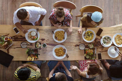 High angle view of people eating food