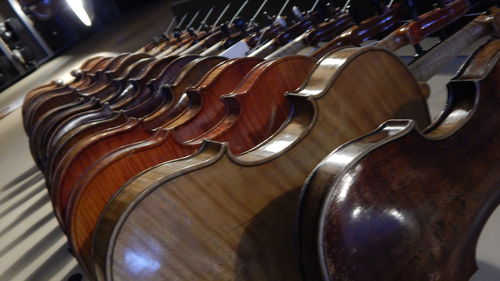 High angle view of guitars arranged on floor