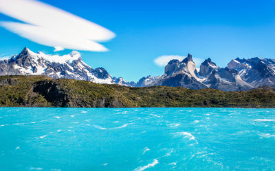 Scenic view of river against blue sky