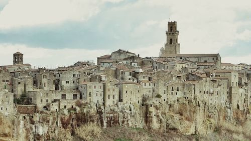 High angle view of buildings at pitigliano against sky