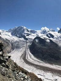 Scenic view of snowcapped mountains against clear sky