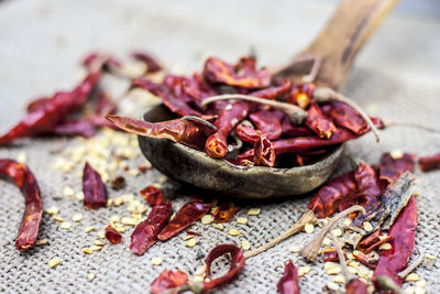 Close-up of dried red chili peppers on burlap