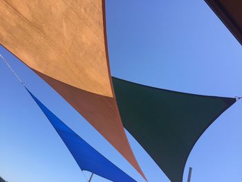 Low angle view of flag against clear blue sky