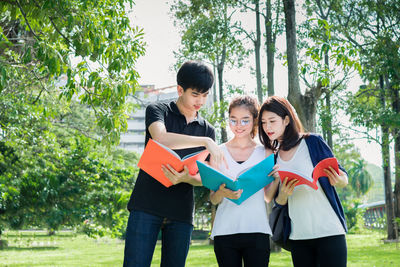 Low angle view of friends discussing while standing against trees at park