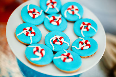 High angle view of cookies in plate on table