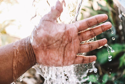 Close-up of hand holding wet leaf