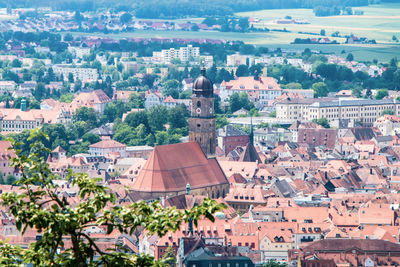 High angle view of buildings in town