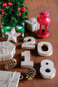 High angle view of christmas decorations on table