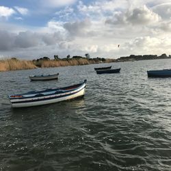 Boats moored in sea against sky