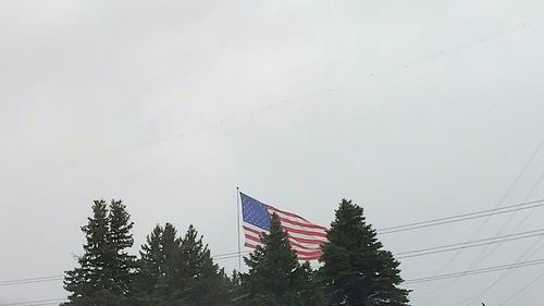 Low angle view of flags against sky