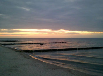 Scenic view of beach against sky during sunset