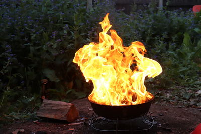 Close-up of bonfire on field at night