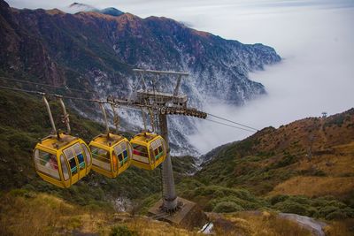 Overhead cable car over mountains against sky