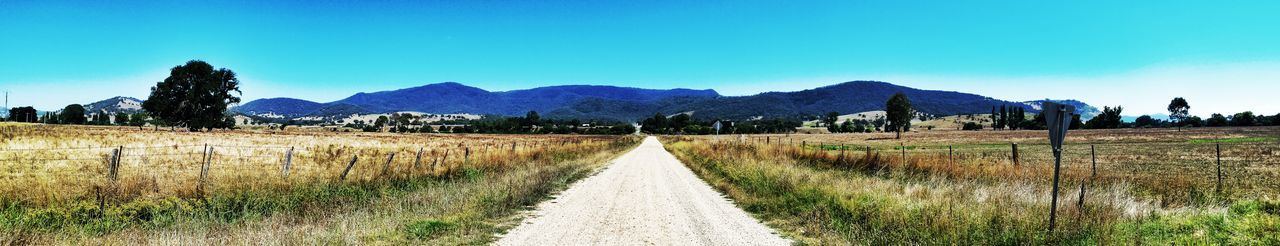Panoramic view of agricultural field against clear sky