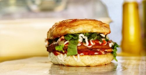 Close-up of burger on table