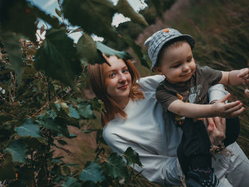 High angle view of girl and plants