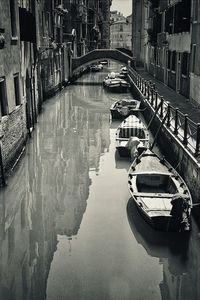 High angle view of boats moored at canal