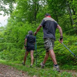 Rear view of man walking in forest