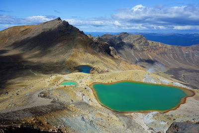 Aerial view of volcanic mountain against sky