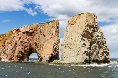 Rock formation by sea against sky