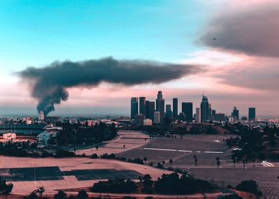 City skyline at sunset