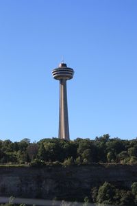 Low angle view of lighthouse against clear blue sky