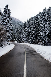 Empty road by snow covered trees against sky