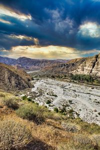 A photo of the mountains and river bed of the whitewater preserve in whitewater, california.