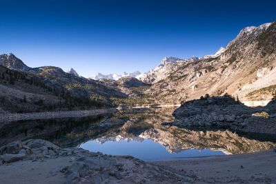 Scenic view of lake and mountains against clear blue sky