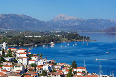 Scenic view of sea and townscape against sky