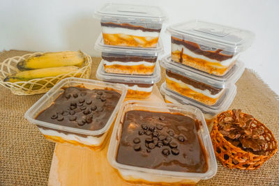 High angle view of dessert in glass on table