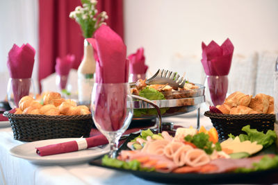 Close-up of food served on table