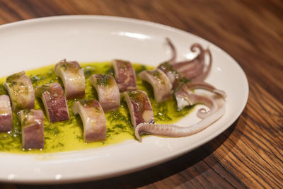 High angle view of food in plate on table