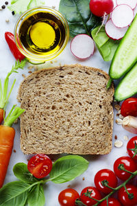 High angle view of breakfast served on table