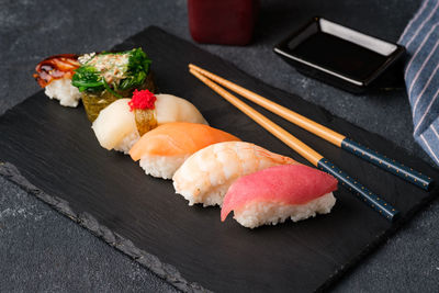 High angle view of sushi served in plate