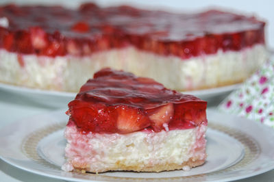 High angle view of strawberry cake in plate