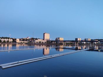 River by buildings against clear blue sky