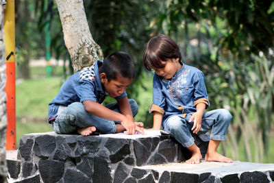 Boys reading book while sitting on seat against tree