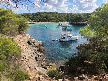 High angle view of boats in sea