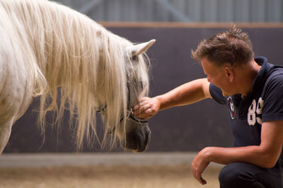 Man touching white horse in stable
