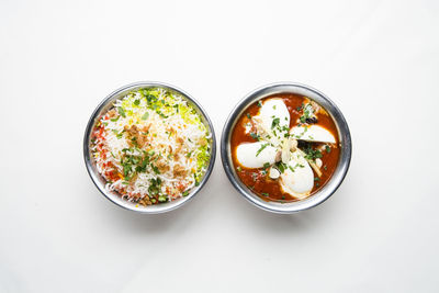 High angle view of food against white background