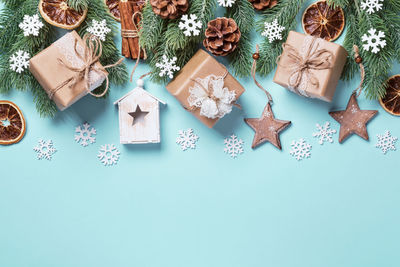 High angle view of christmas decoration on table