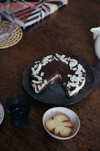 High angle view of chocolate cake on table