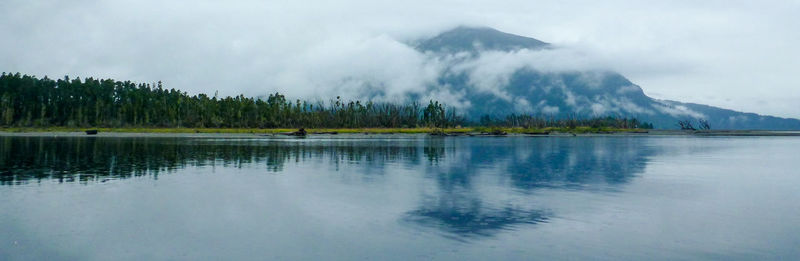 Scenic view of lake with mountains in background