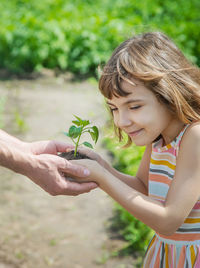Midsection of father and daughter holding sapling