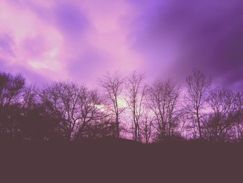 Low angle view of bare trees against cloudy sky