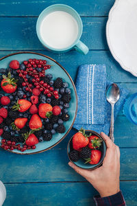 High angle view of breakfast on table