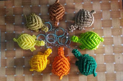 High angle view of fruits in basket on table