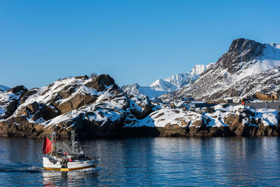 Scenic view of snowcapped mountains against clear blue sky