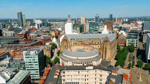 High angle view of buildings in city